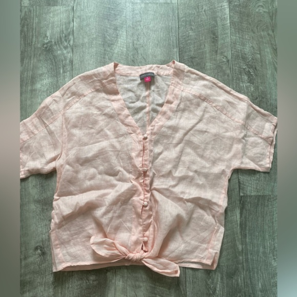 Vince Camuto XS 100%‎ Linen Peach Tie Hem Button Down Shirt Blouse